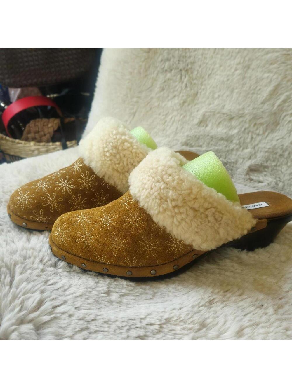 Tan Suede Clogs, Sheepskin Shearling, Embroidered flowers